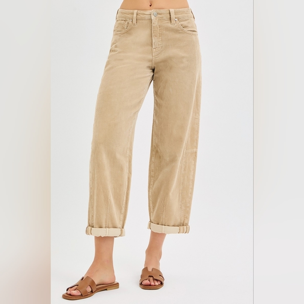 Risen High Rise Corduroy Barrel Jeans Tan Neutral Cuffed Ankle Crop Various NEW - Picture 8 of 8